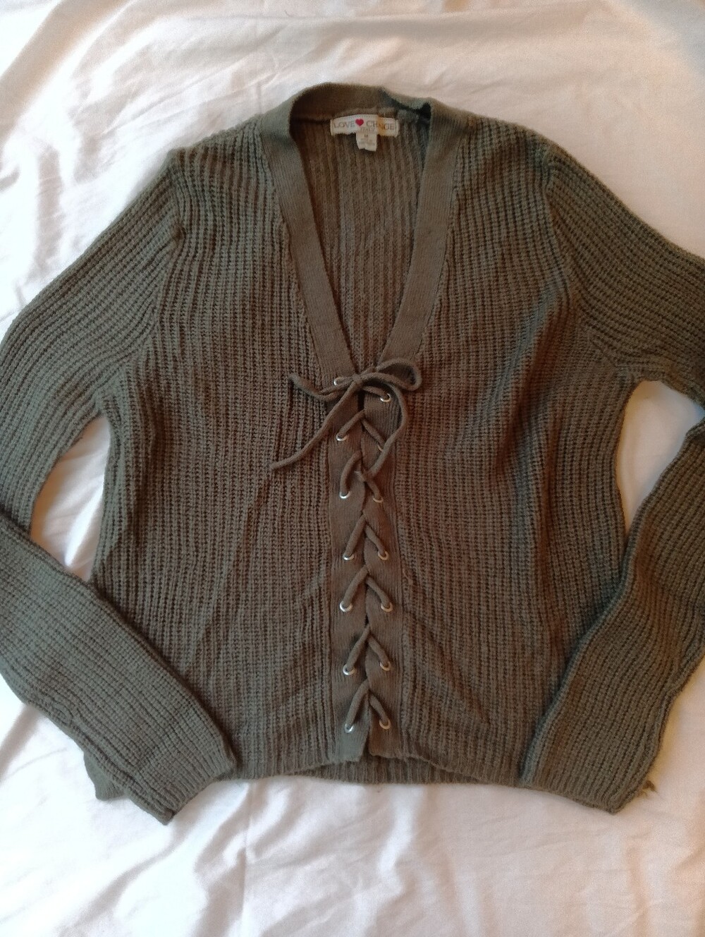 Love change italy olive green lace up knit sweater cozy ribbed boho pullover med